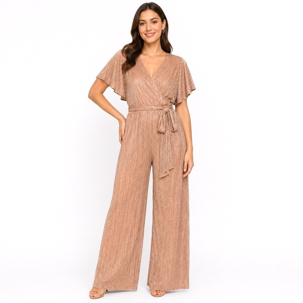 NWT Adrianna Papell Metallic Pleat Jumpsuit Womens 2 Rose Gold Formal Wedding